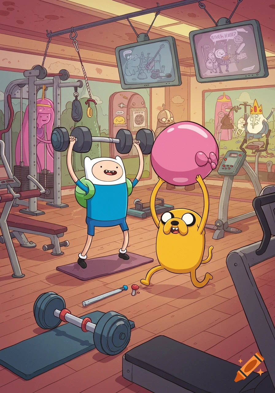 Finn and Jake from Adventure Time work out in a colorful gym. Finn lifts dumbbells, and Jake lifts a pink exercise ball. Other characters are in the background.
