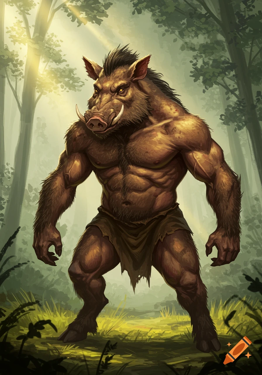 Muscular anthropomorphic boar creature with tusks standing in a sunlit forest clearing, fantasy art style.