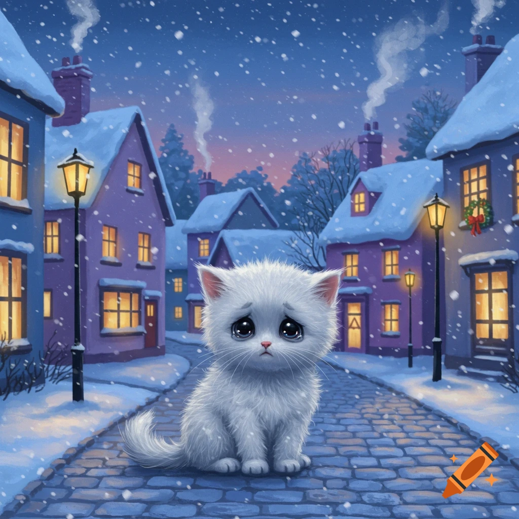 A cute white sad kitten sits in the snow on a cobblestone street in a cartoon-style snowy town.