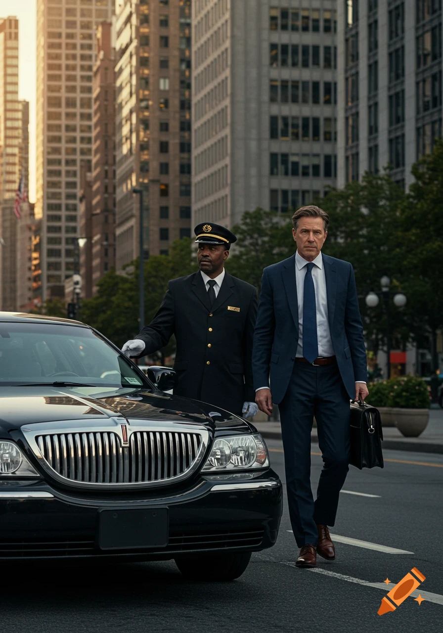 A chauffeur in uniform stands by a black luxury car as a businessman in a suit walks beside him in a city street.