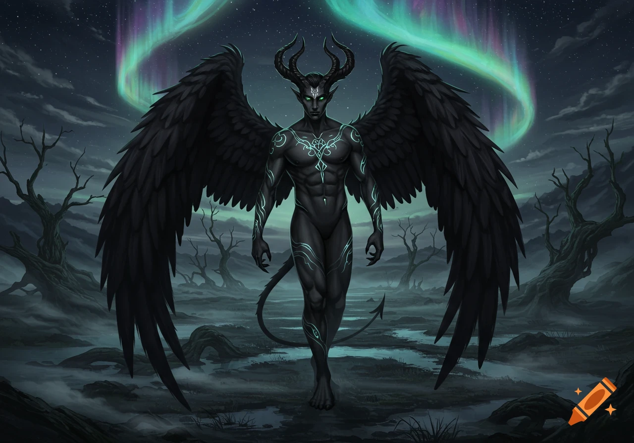 A dark-skinned horned male figure with large black wings and glowing blue patterns stands in a misty, barren landscape under a starry sky with an aurora.