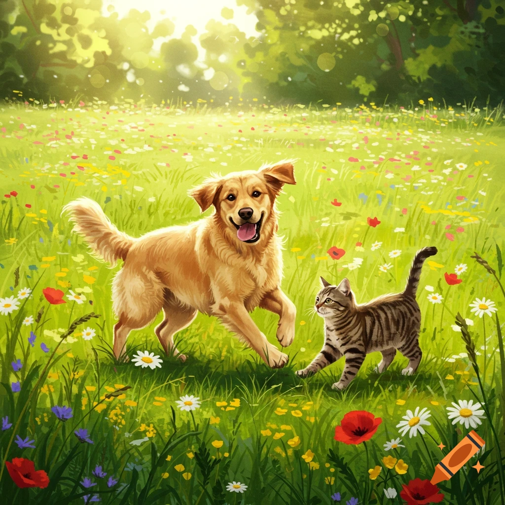 A happy golden retriever dog and a tabby cat dash through a sunny field of colorful wildflowers, illustration.