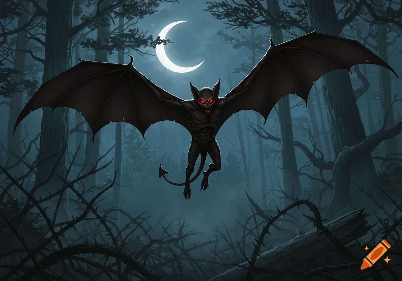 A dark, bat-like creature with large wings, sharp claws, and glowing red eyes flies through a misty, moonlit forest at night.