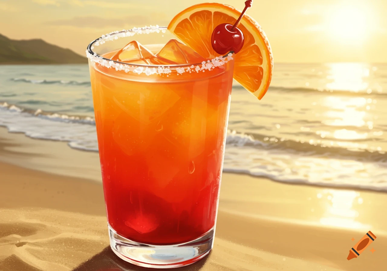 A vibrant Tequila Sunrise cocktail with an orange slice and cherry on a sandy beach at sunset, digital illustration.