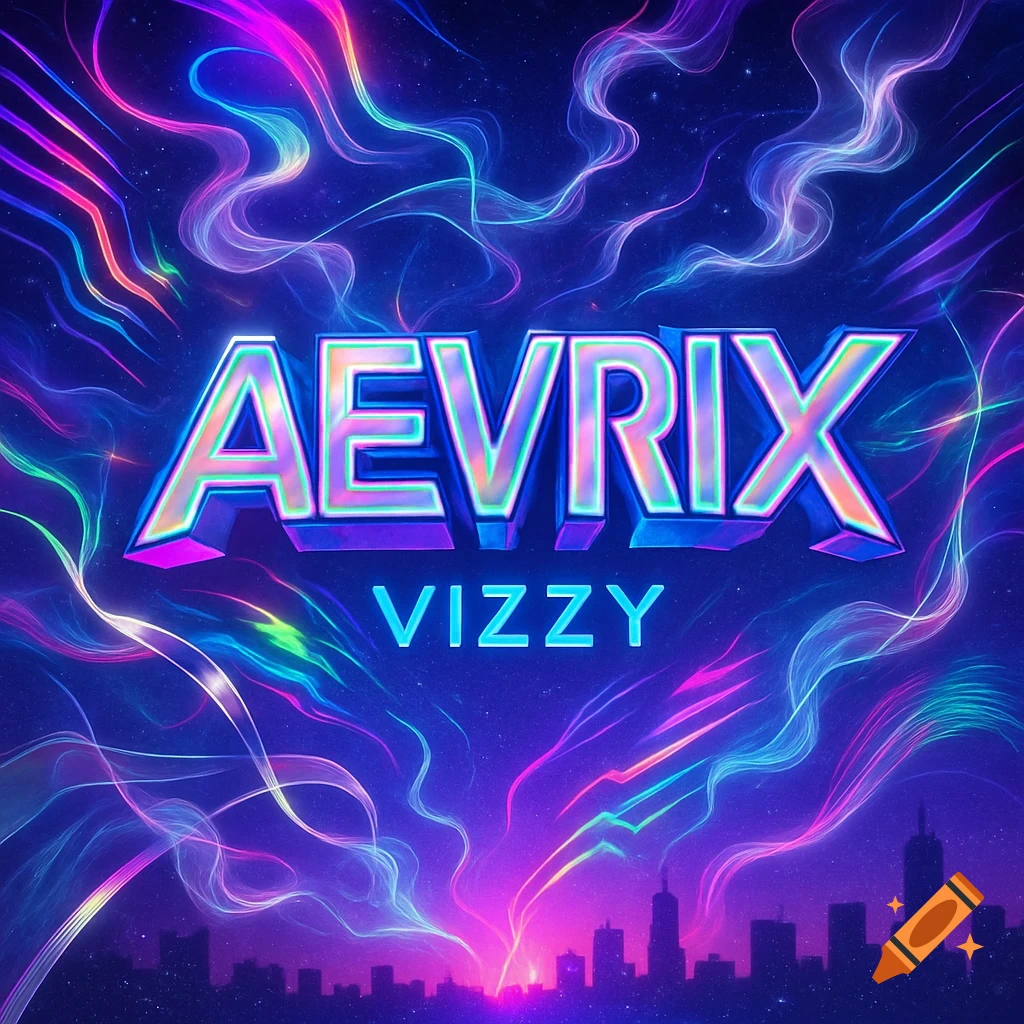 A vibrant neon graphic with the glowing text "AEVRIX" and "VIZZY" above a dark cityscape silhouette and swirling light trails.