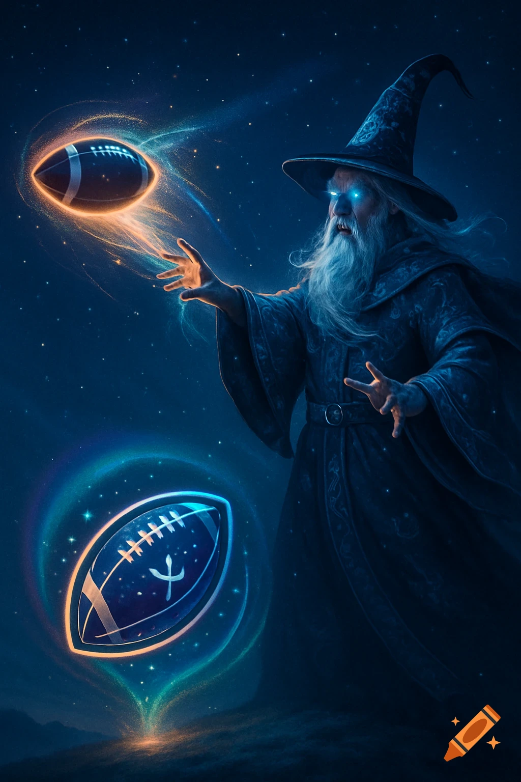 A powerful wizard with a long white beard and glowing blue eyes conjures a glowing orange American football in a starry night sky, with another glowing blue football floating below.