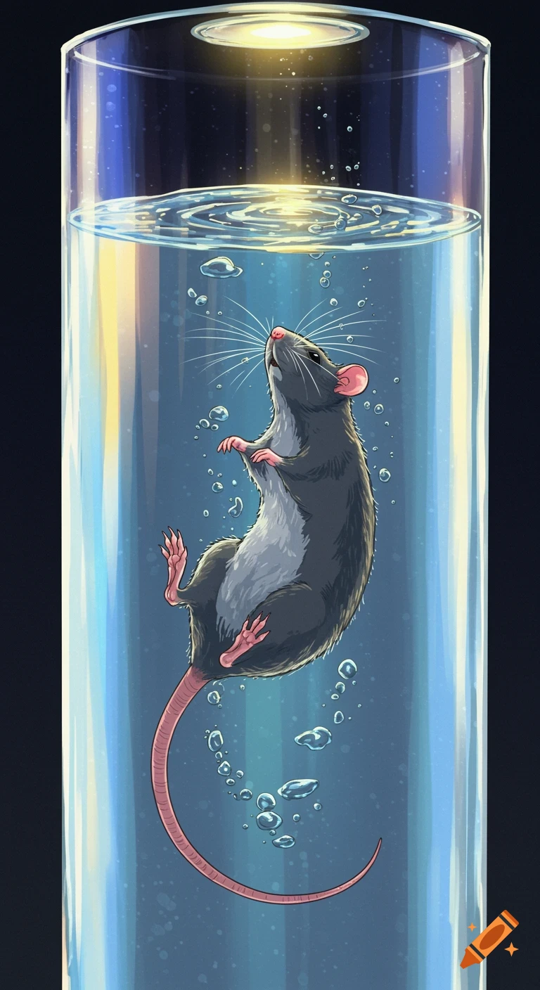 Illustration of a rat swimming upwards in a tall glass cylinder filled with water, with bubbles.