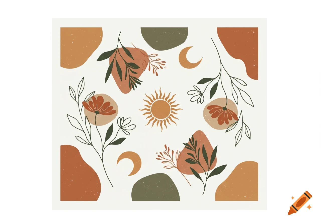 A minimalist boho-style illustration with earthy tones, featuring abstract shapes, a sun, crescent moons, and outlined floral elements on a white background.