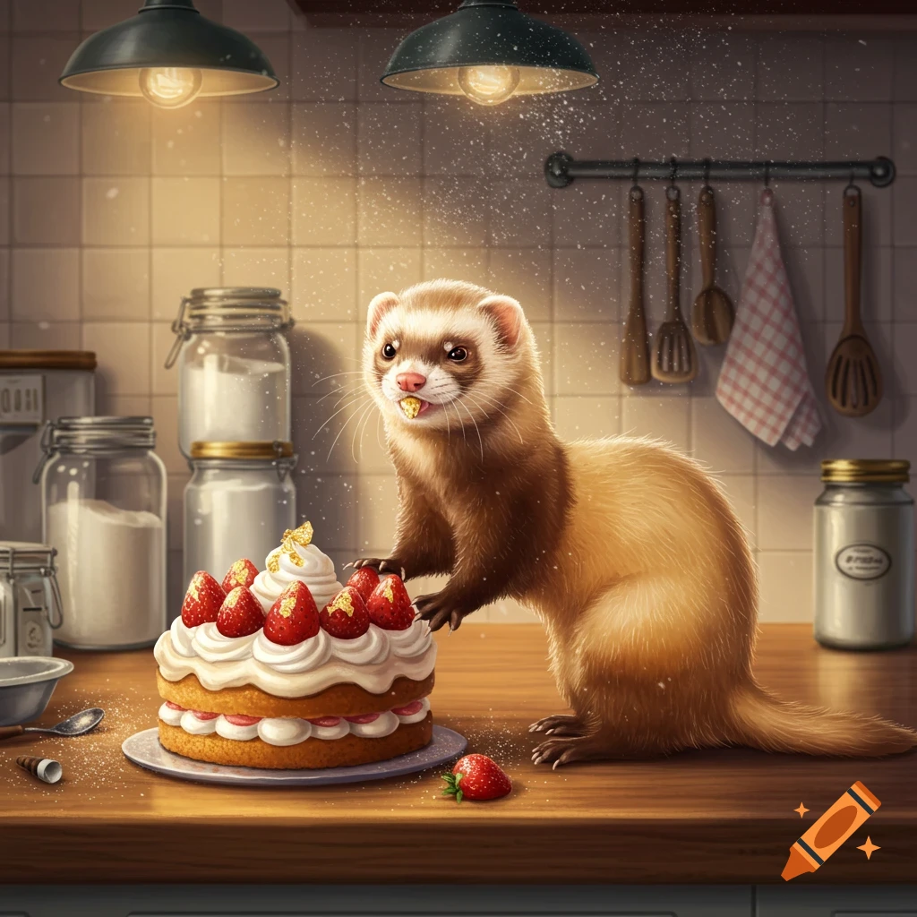 A cute ferret with food on its mouth reaching for a strawberry cake on a wooden kitchen counter under bright lights.