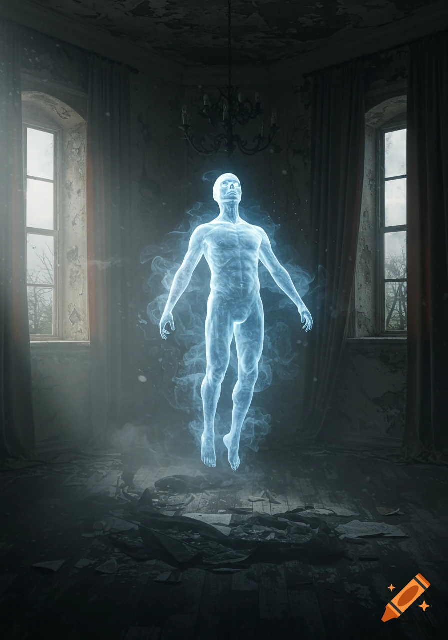 A glowing, ethereal blue ghost of a man floats in the center of a dark, decrepit, abandoned room with large windows.