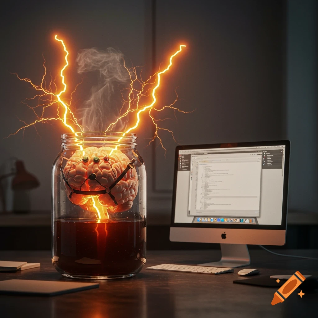 A glowing human brain in a glass jar with electrodes, connected by lightning bolts to an iMac showing a word processor screen.