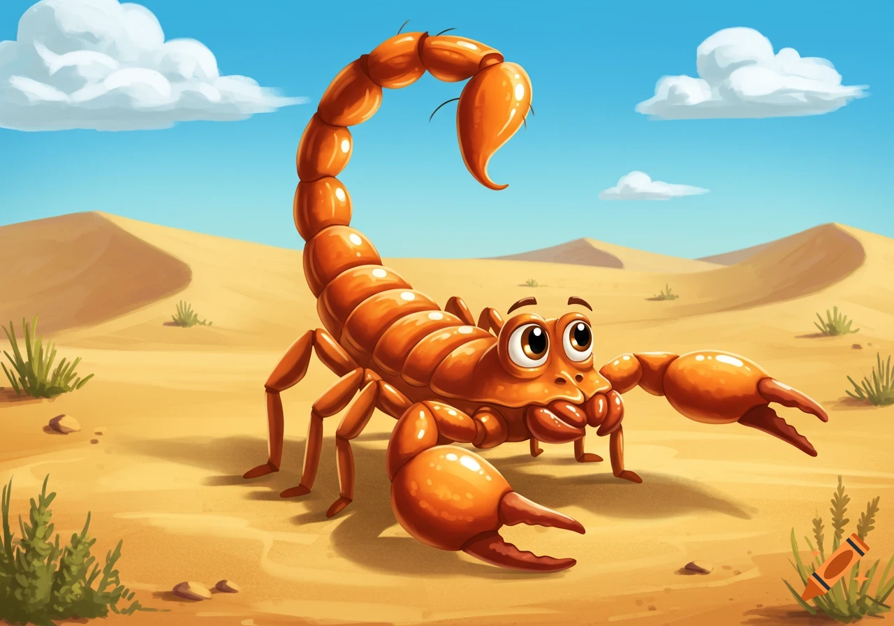 An orange cartoon scorpion with large eyes stands on sand dunes under a blue sky with white clouds.