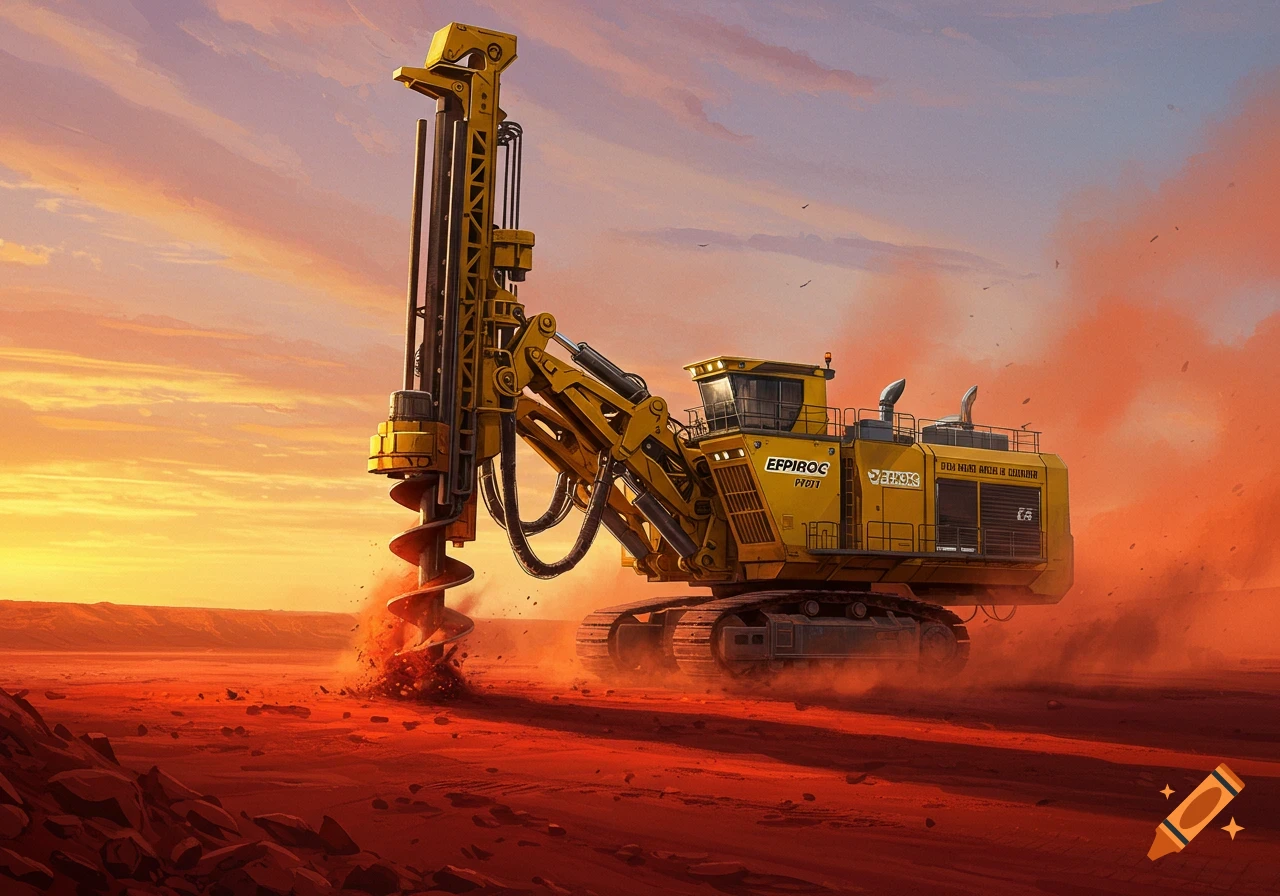 A large yellow Epiroc PV271 drill rig operates in a dusty red open pit mine at sunset, kicking up dirt.