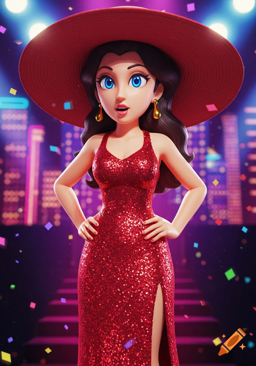 Pauline from Super Mario Odyssey in a red sequined dress and hat on a stage with confetti and city lights. 3D render.
