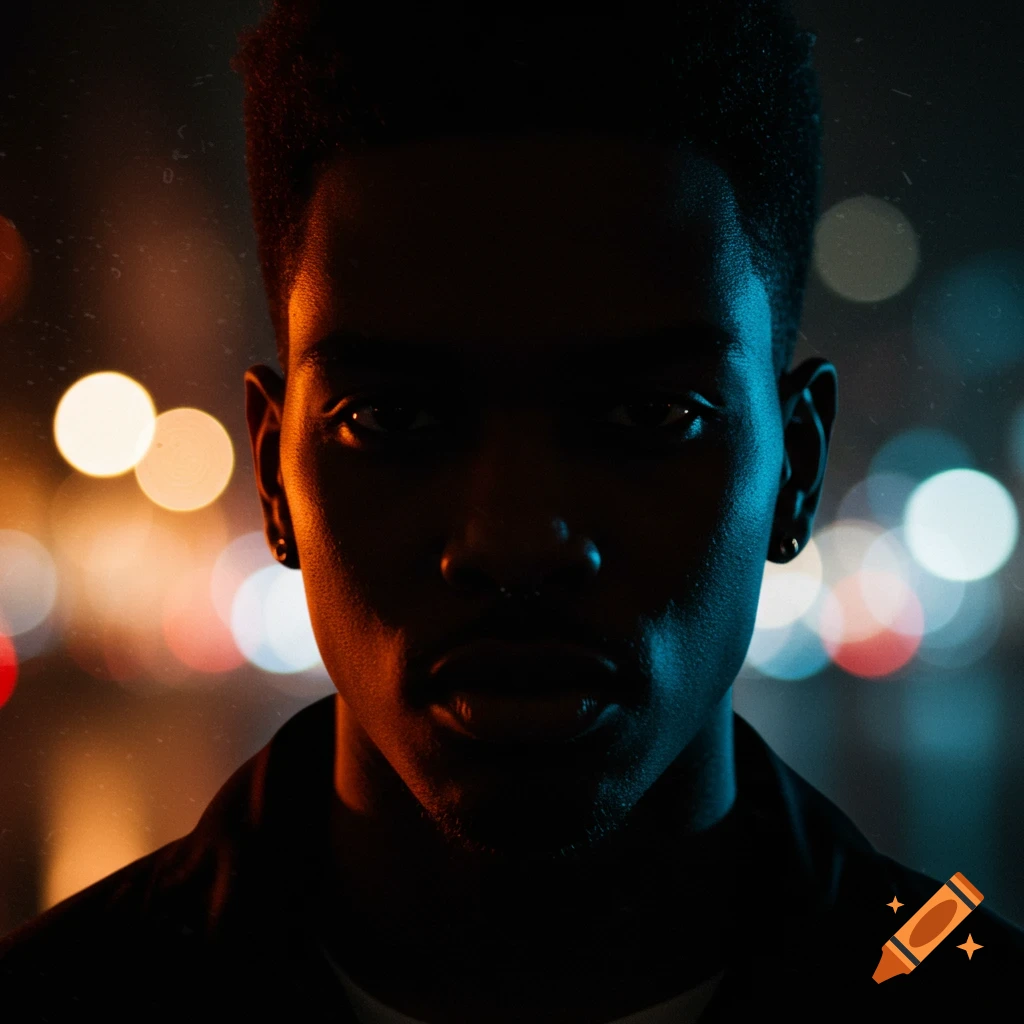Close-up portrait of a person with dark skin, lit by orange and blue light, against a blurry background of city lights.