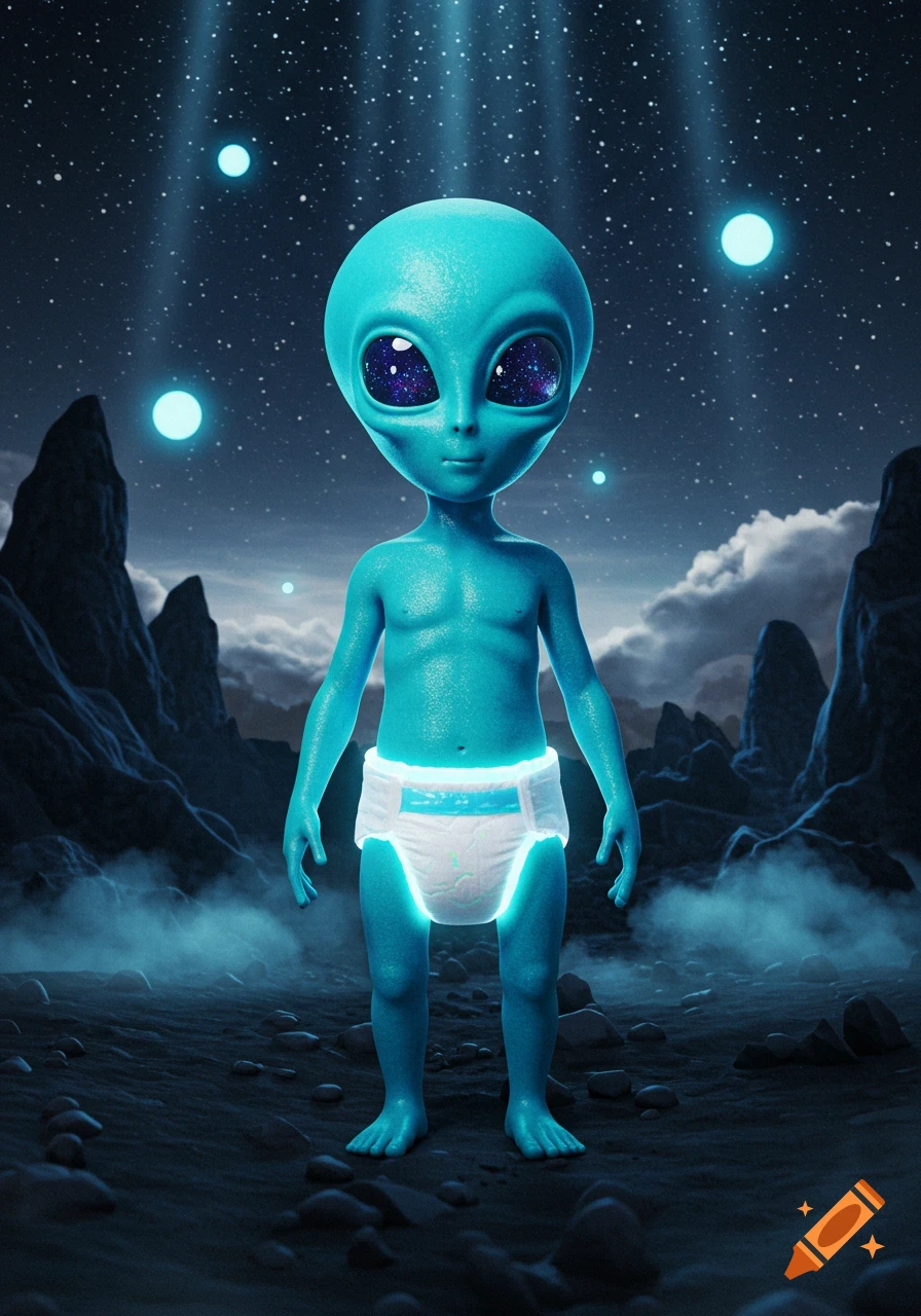 A cute teal-colored alien wearing a white diaper stands on a dark, rocky alien planet under a starry night sky with glowing orbs.
