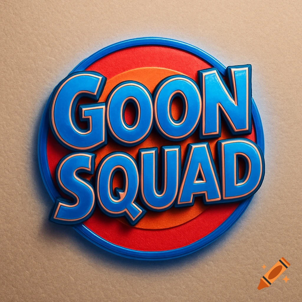 A 3D rendered logo featuring the words GOON SQUAD in blue with an orange outline, set on a circular red and orange background, against a beige surface.