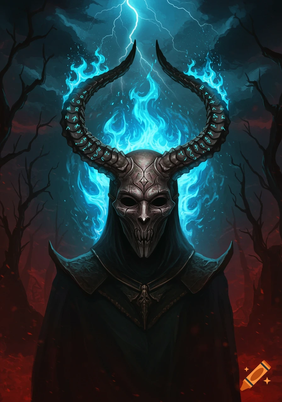 A terrifying horned mask with glowing blue runes and flames, silhouetted against a dark, stormy sky with lightning.