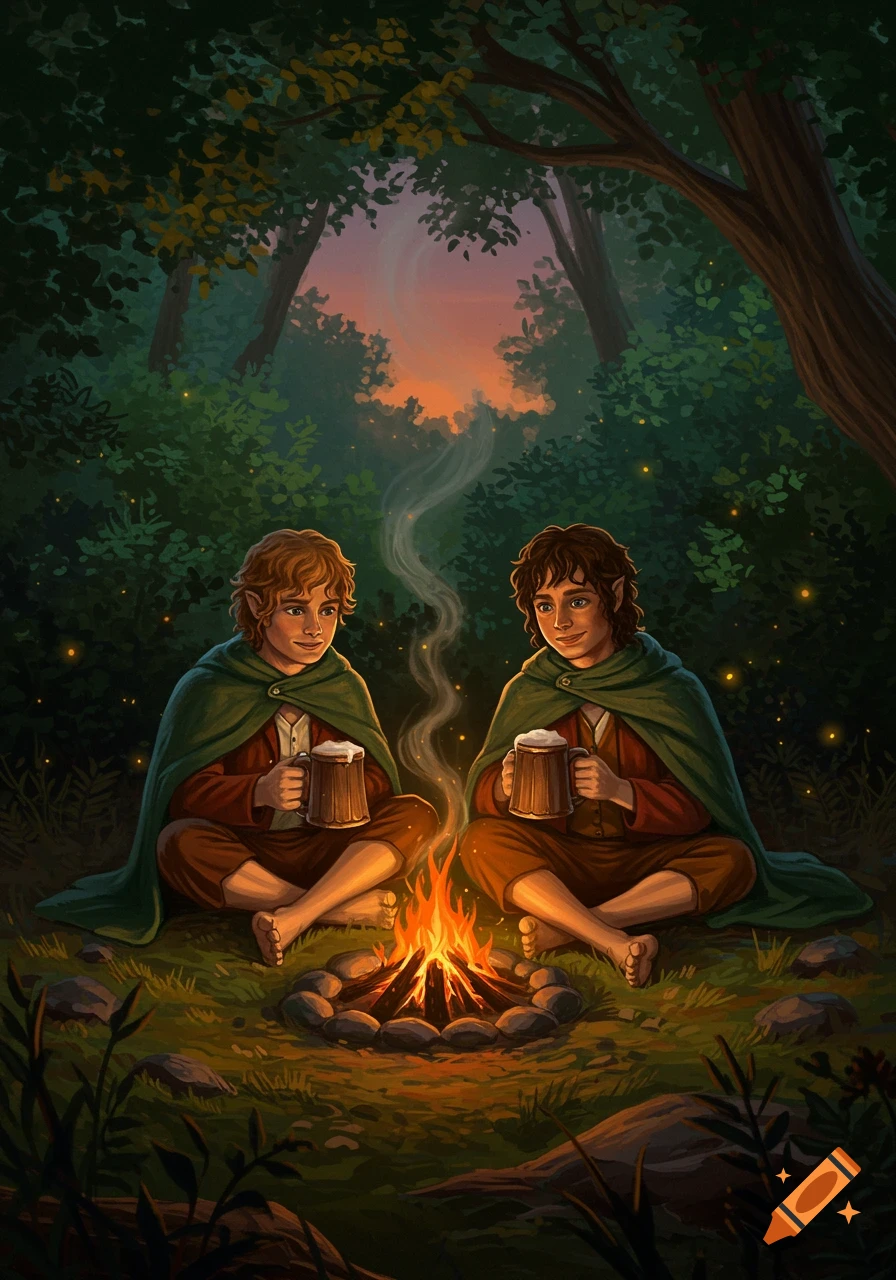 Two hobbit-like figures, Frodo and Sam, sit cross-legged by a campfire in a lush forest at dusk, holding mugs of beer.