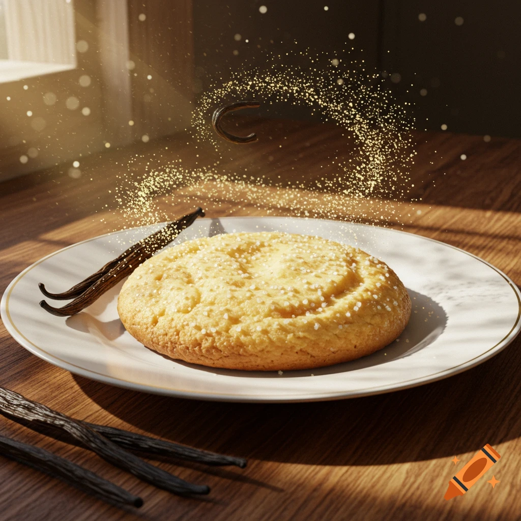 Photorealistic close-up of a vanilla cookie on a plate with vanilla beans, sunlit with golden magical sparkles.
