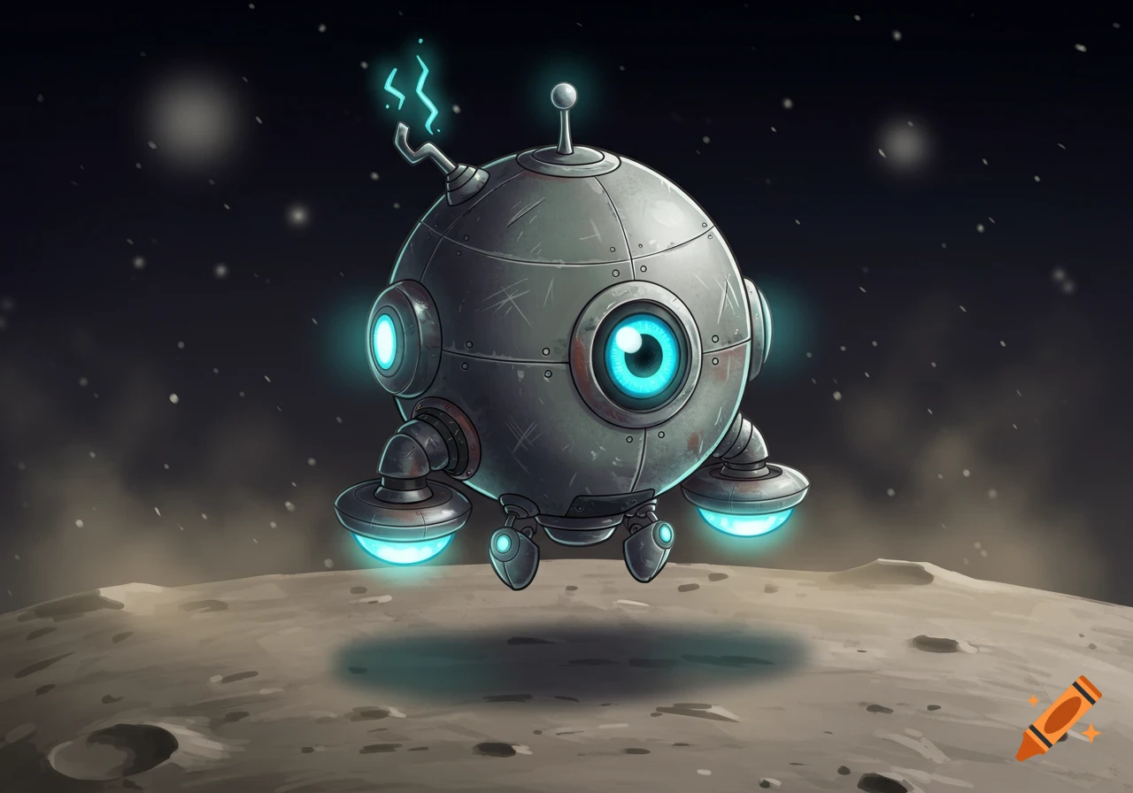 A cute, cartoon-style metallic robot drone with a glowing blue eye floats over a moon surface with stars in the background.