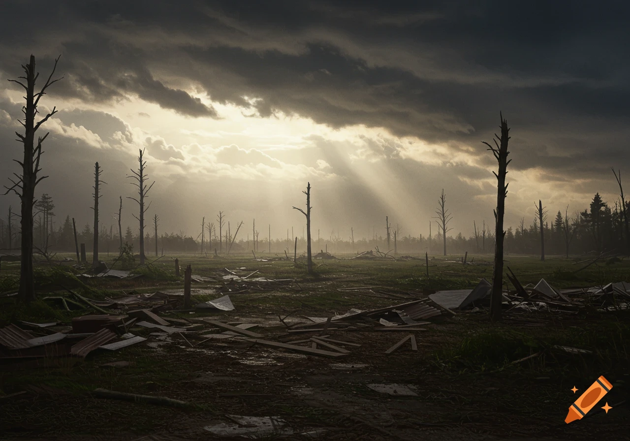A desolate, storm-ravaged landscape with bare trees, debris, and dramatic light rays breaking through dark clouds.