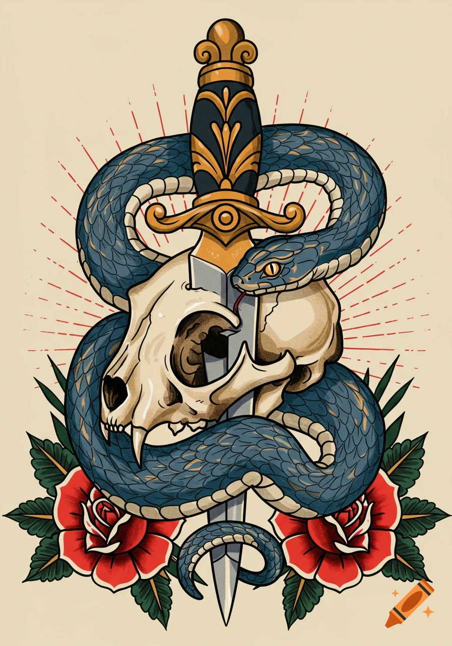 American traditional tattoo style illustration of a blue snake coiled around a dagger piercing an animal skull, with red roses at the bottom.