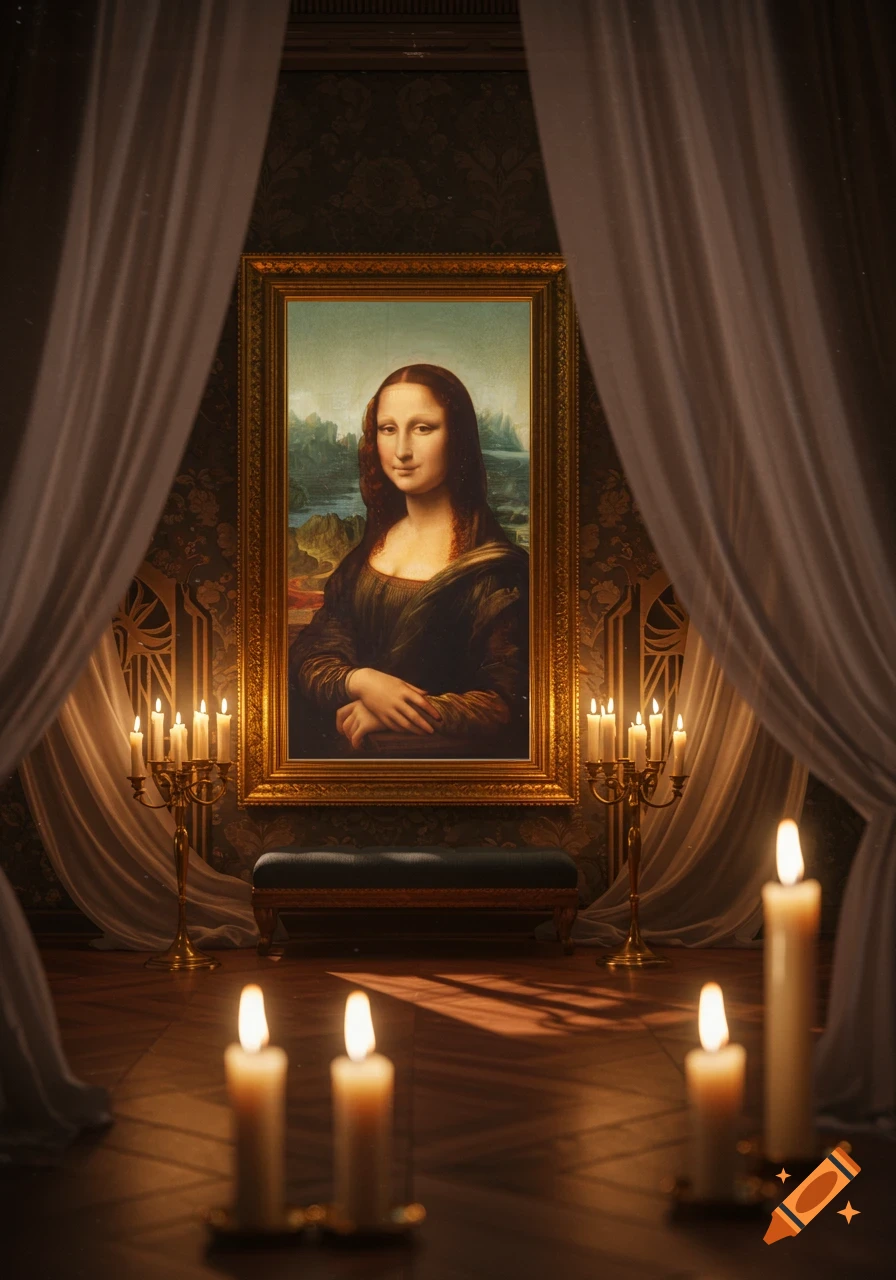 A photorealistic image of the Mona Lisa painting in a grand, candlelit room with flowing drapes.