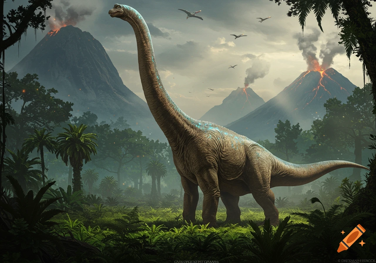 A large, long-necked dinosaur stands in a lush, prehistoric jungle with active volcanoes erupting in the background. Pterosaurs fly overhead.
