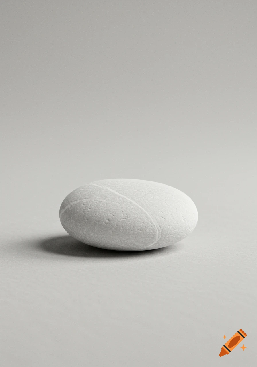 A smooth, light grey, oval-shaped stone rests on a lighter grey surface, creating soft shadows.