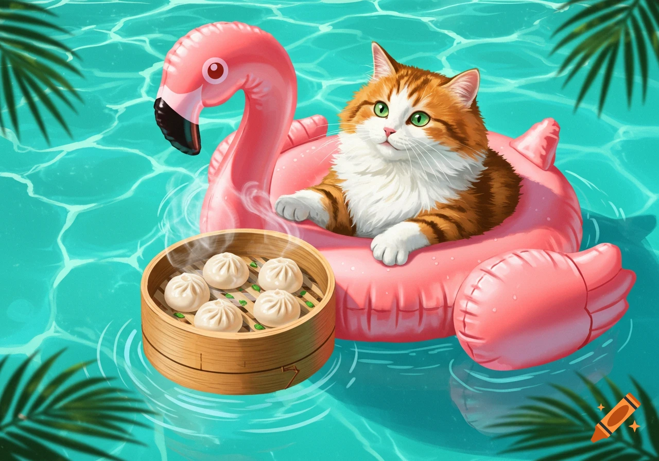 An illustrated orange and white cat relaxing on a pink flamingo float in a swimming pool next to a steamer basket of dumplings.