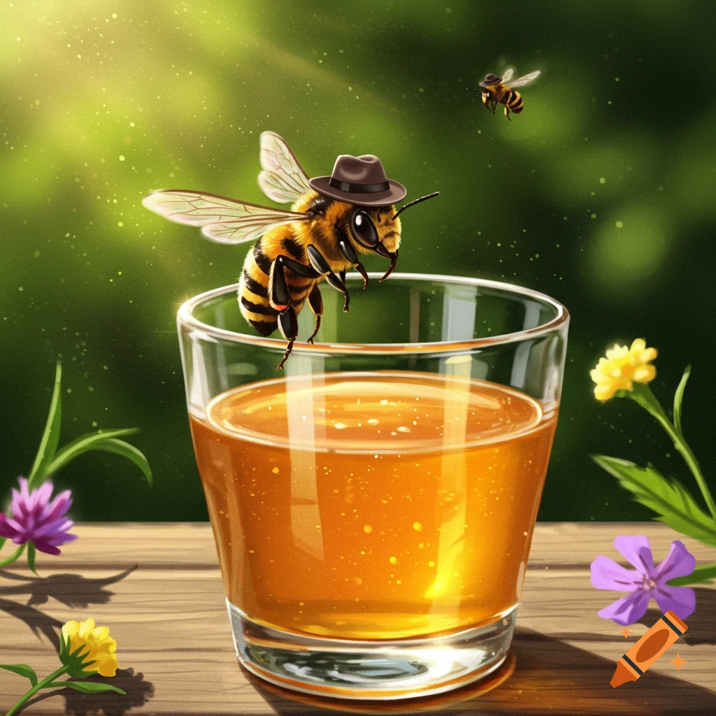 A bee wearing a fedora perches on a glass of honey on a wooden table, with wildflowers in a sunny garden setting.