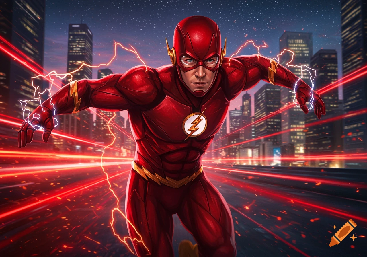The Flash, a red superhero, sprints through a city at night, surrounded by streaks of red lightning.