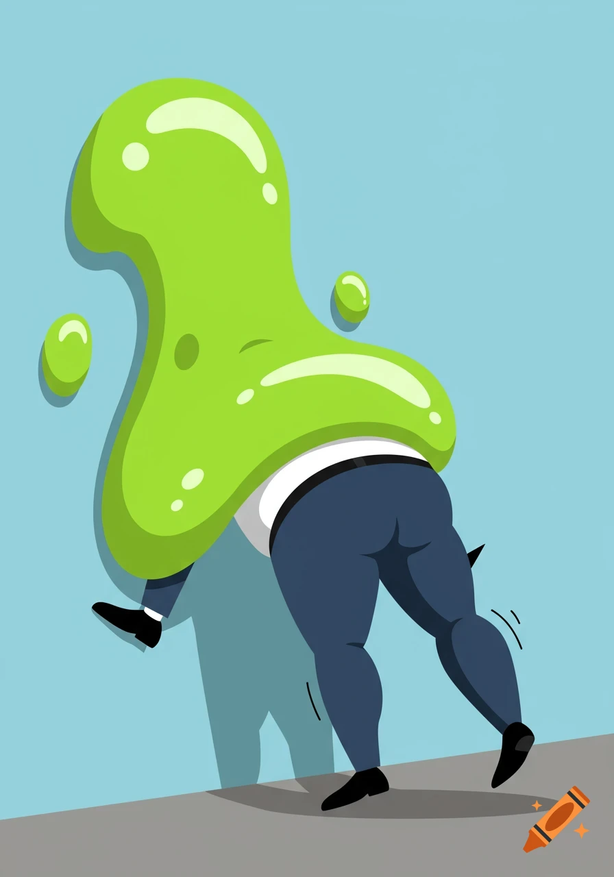 A cartoon illustration of a green blob of slime on a blue wall, appearing to swallow the lower body of a man.