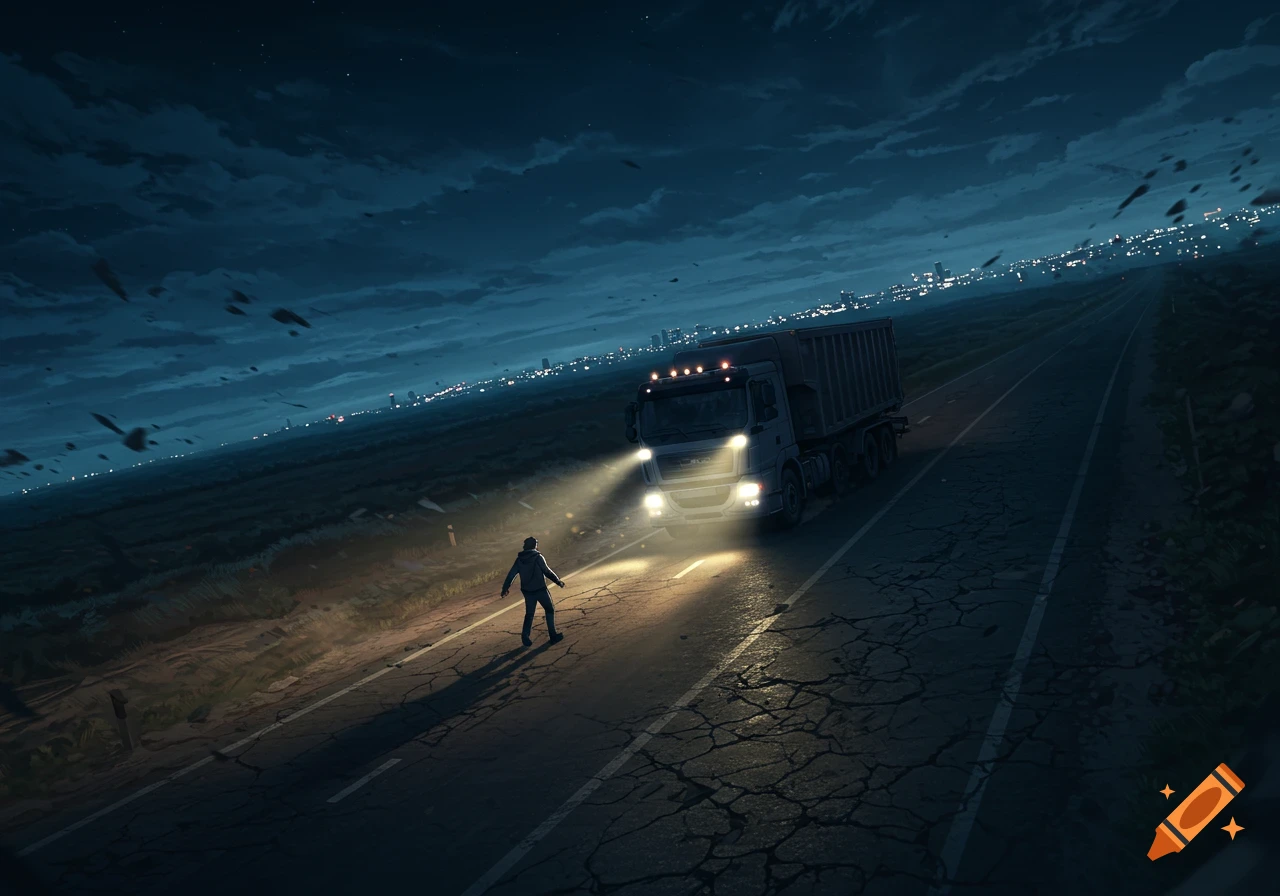 An anime-style image of a man standing in the middle of a dark, cracked road at night, facing a large truck with bright headlights. A city skyline glows in the distant background under a cloudy sky.