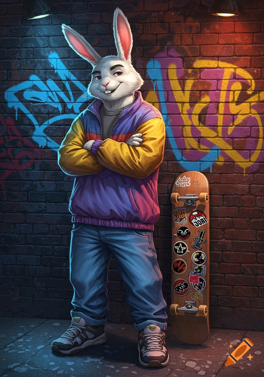 An anthropomorphic white rabbit in 90s street wear with crossed arms stands smiling in front of a graffiti brick wall with a skateboard next to him.