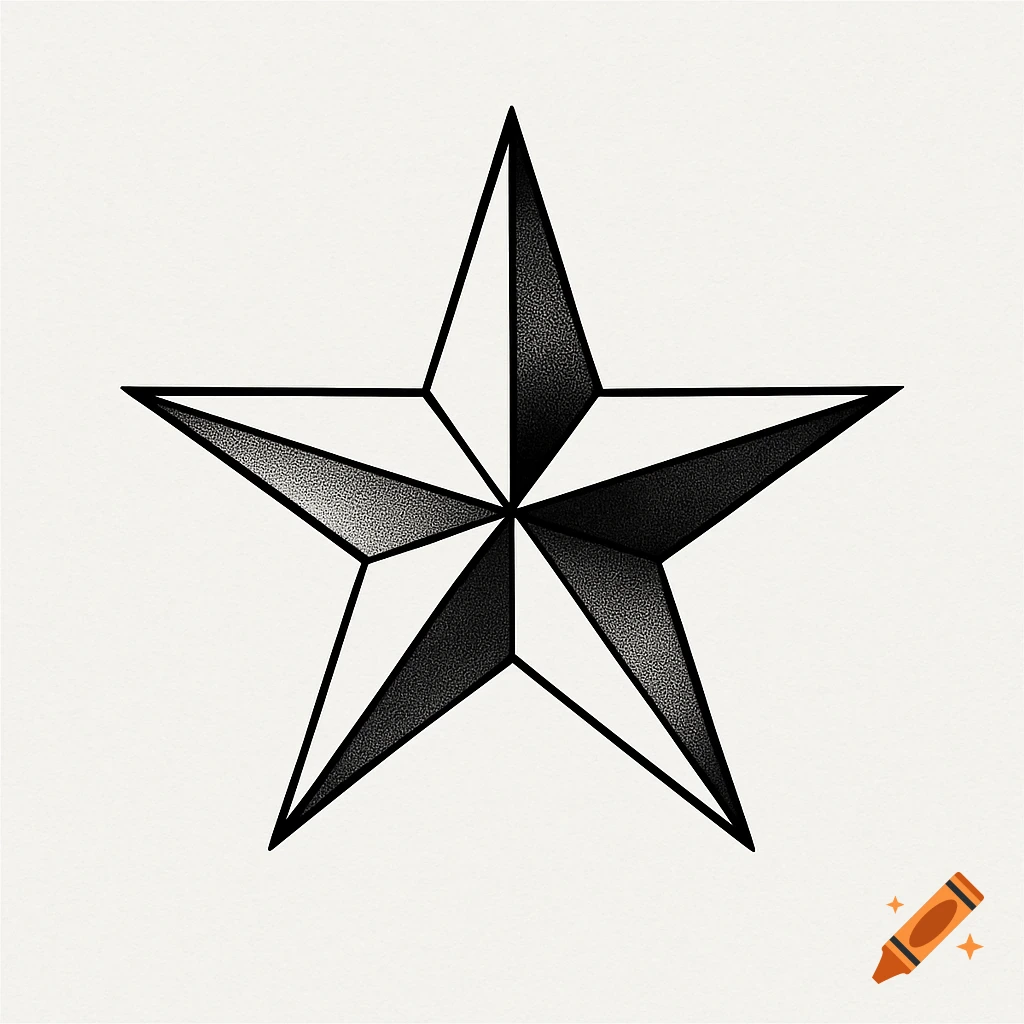 A stylized black and white nautical star illustration with stippled shading on a light background.