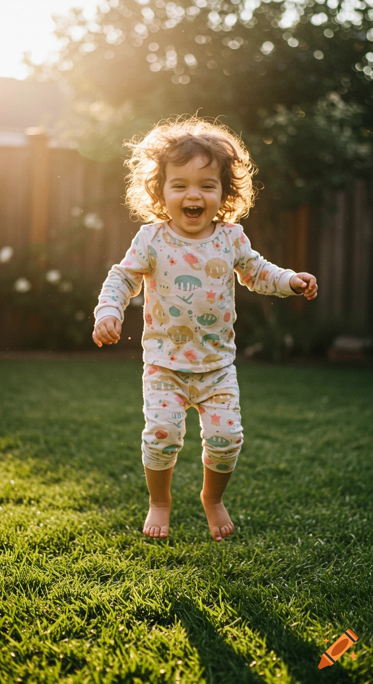 A happy toddler with curly brown hair jumps in the air on a green grass lawn, bathed in golden sunlight.