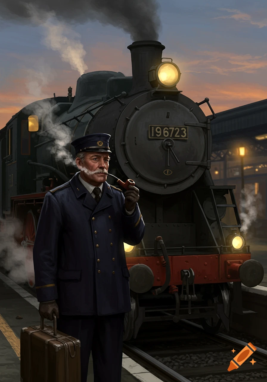 An old train conductor in uniform smoking a pipe and holding a suitcase stands on a platform in front of a steam train at sunset.