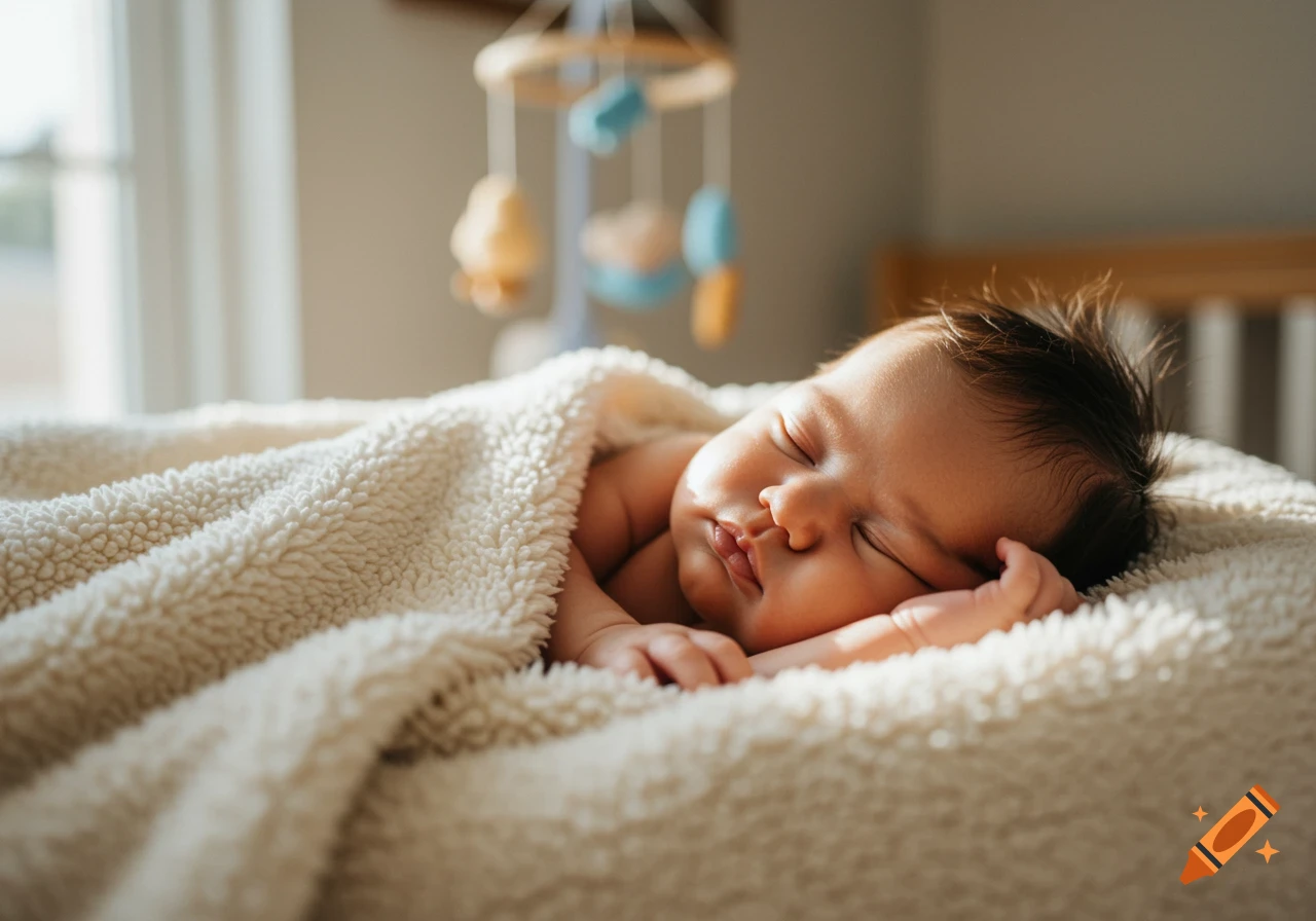 A baby sleeps peacefully on a cream-colored blanket, bathed in soft sunlight in a nursery.