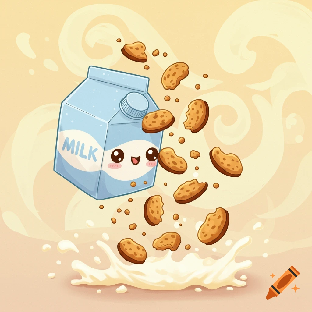 A cute cartoon milk carton with a smiling face, surrounded by falling chocolate chip cookies and a splash of milk.