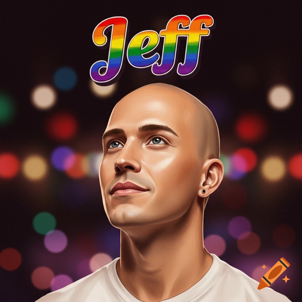 A stylized digital painting of a bald man looking up, with the rainbow-colored word 'Jeff' floating above his head against a bokeh background.