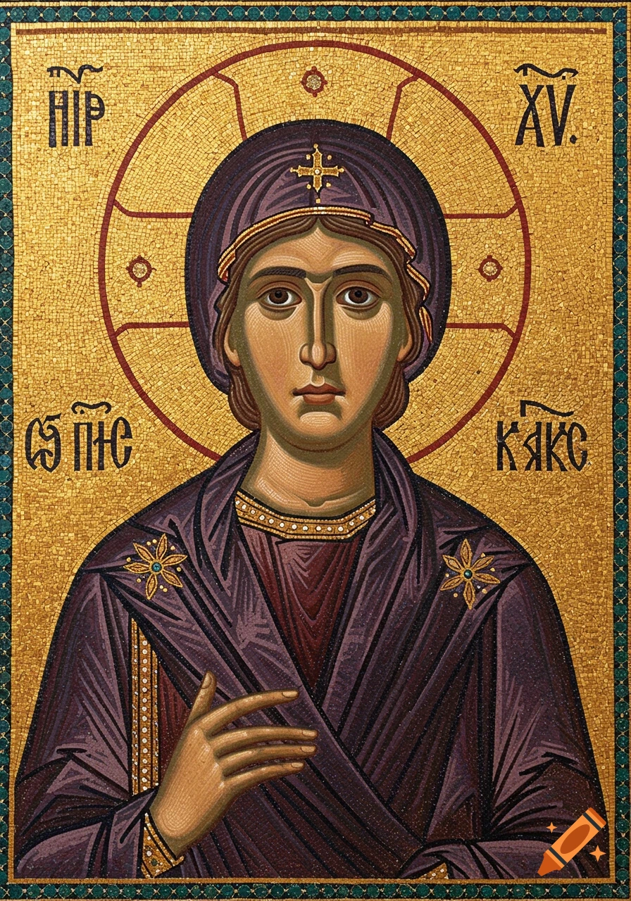 A mosaic Byzantine icon of a saintly figure with a halo, looking forward, in a purple robe with gold accents.