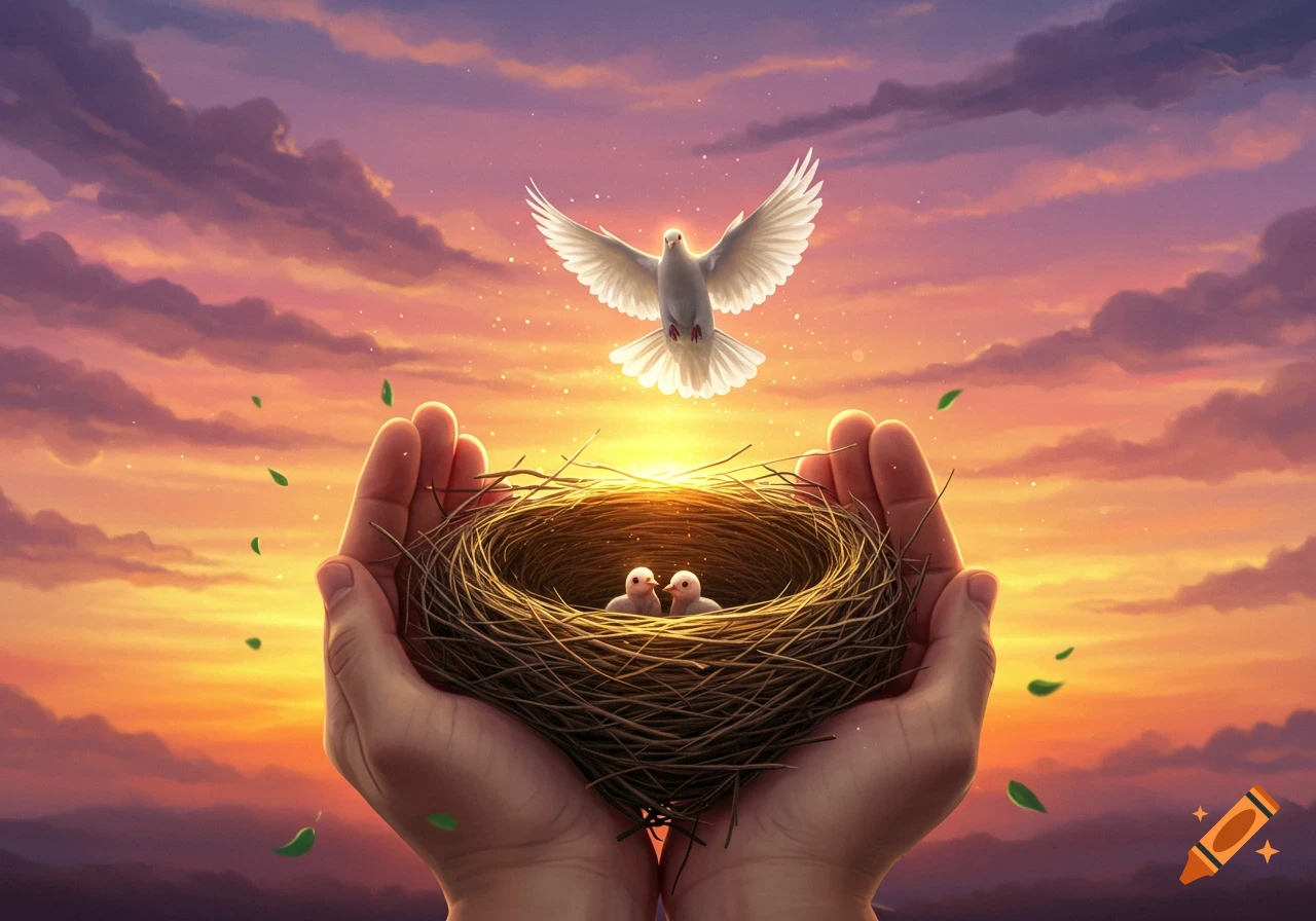 Cupped hands hold a bird's nest with two chicks, while a white dove flies above against a vibrant sunset sky in an illustrative style.