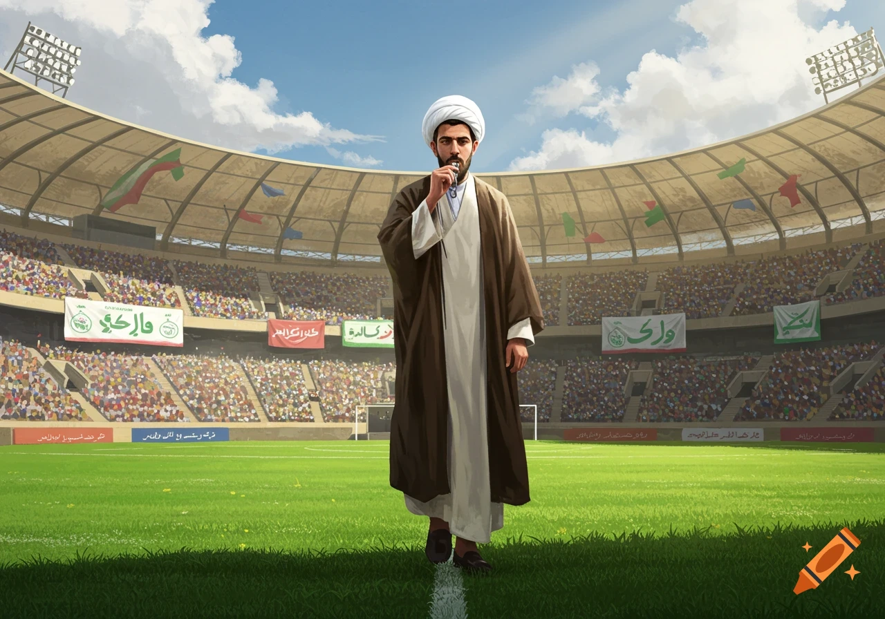 A man in a white turban and brown robe stands on a green football field in a stadium with spectators, blowing a whistle.