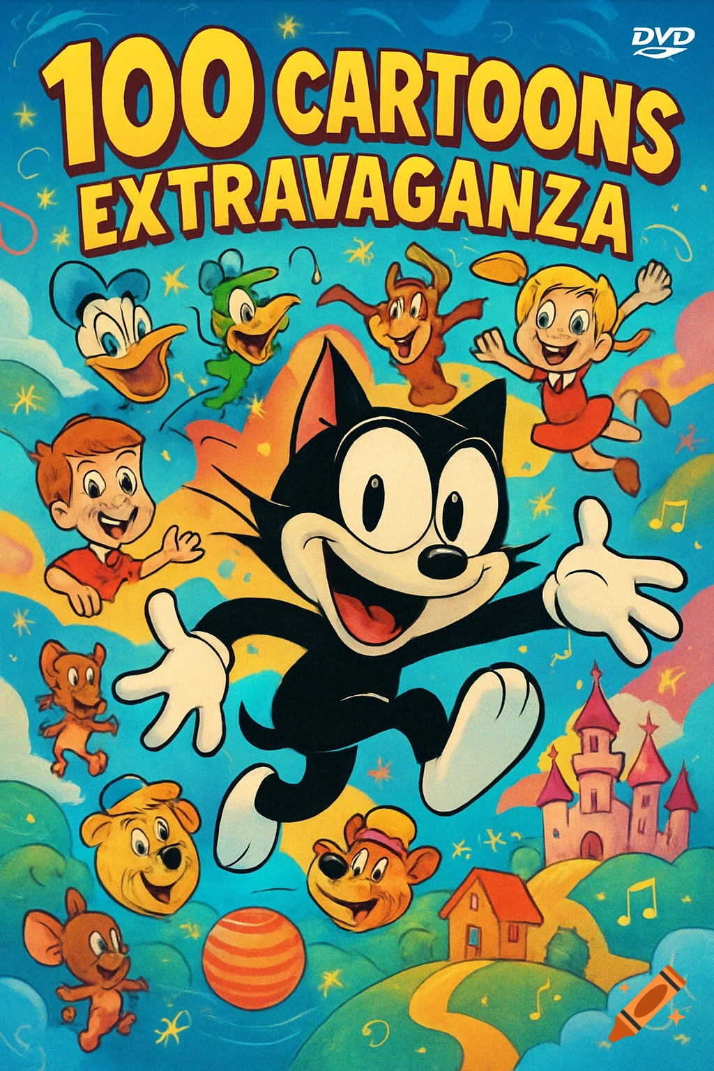 A colorful DVD cover for '100 Cartoons Extravaganza' featuring Felix the Cat, Donald Duck, and other classic animated characters.
