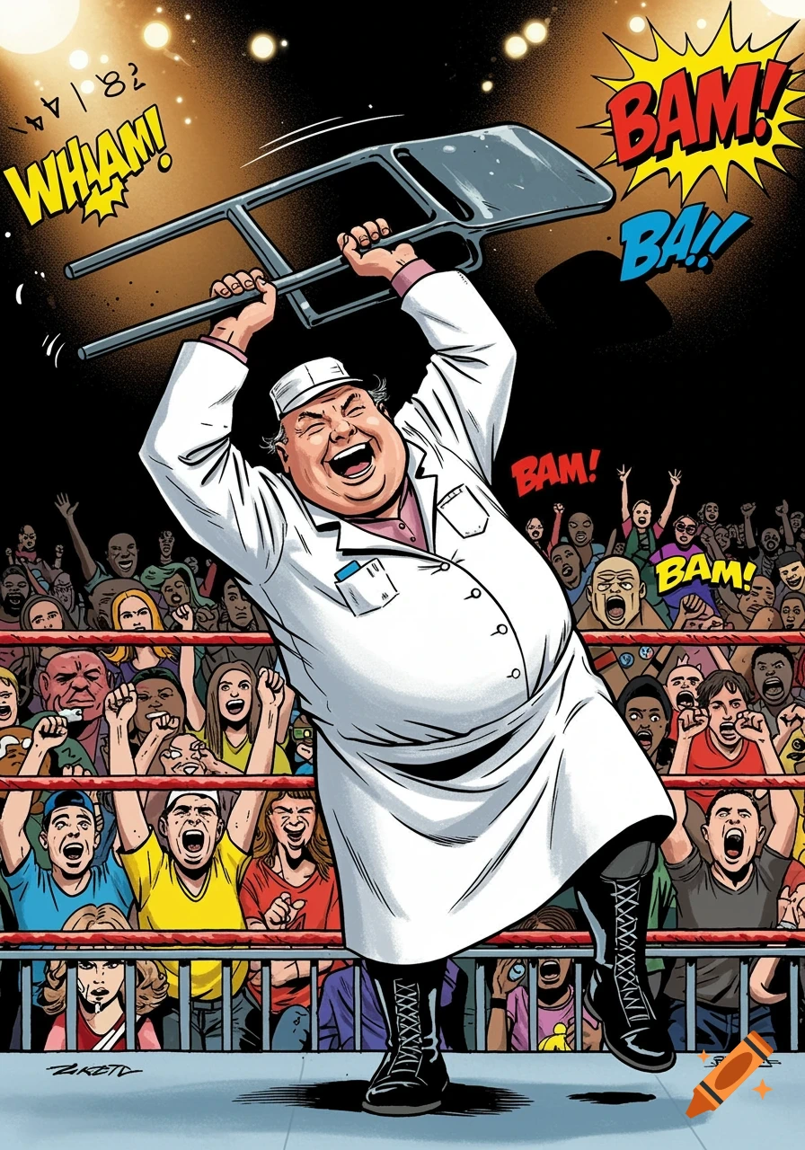 A portly man in a butcher's coat swings a steel chair in a wrestling ring, with a cheering crowd, in comic book style.