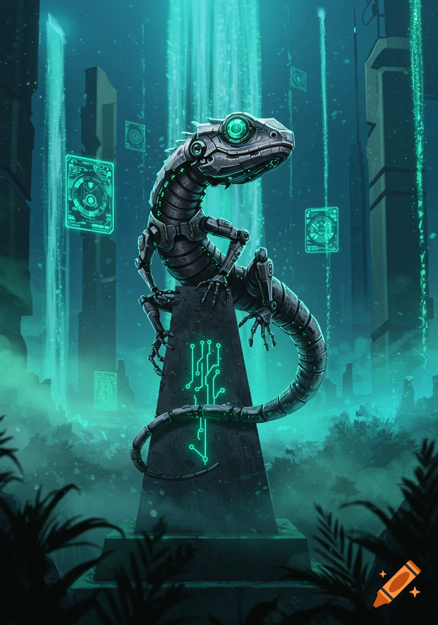 A robotic lizard statue in a glowing neon green futuristic city with waterfalls and floating data cards.