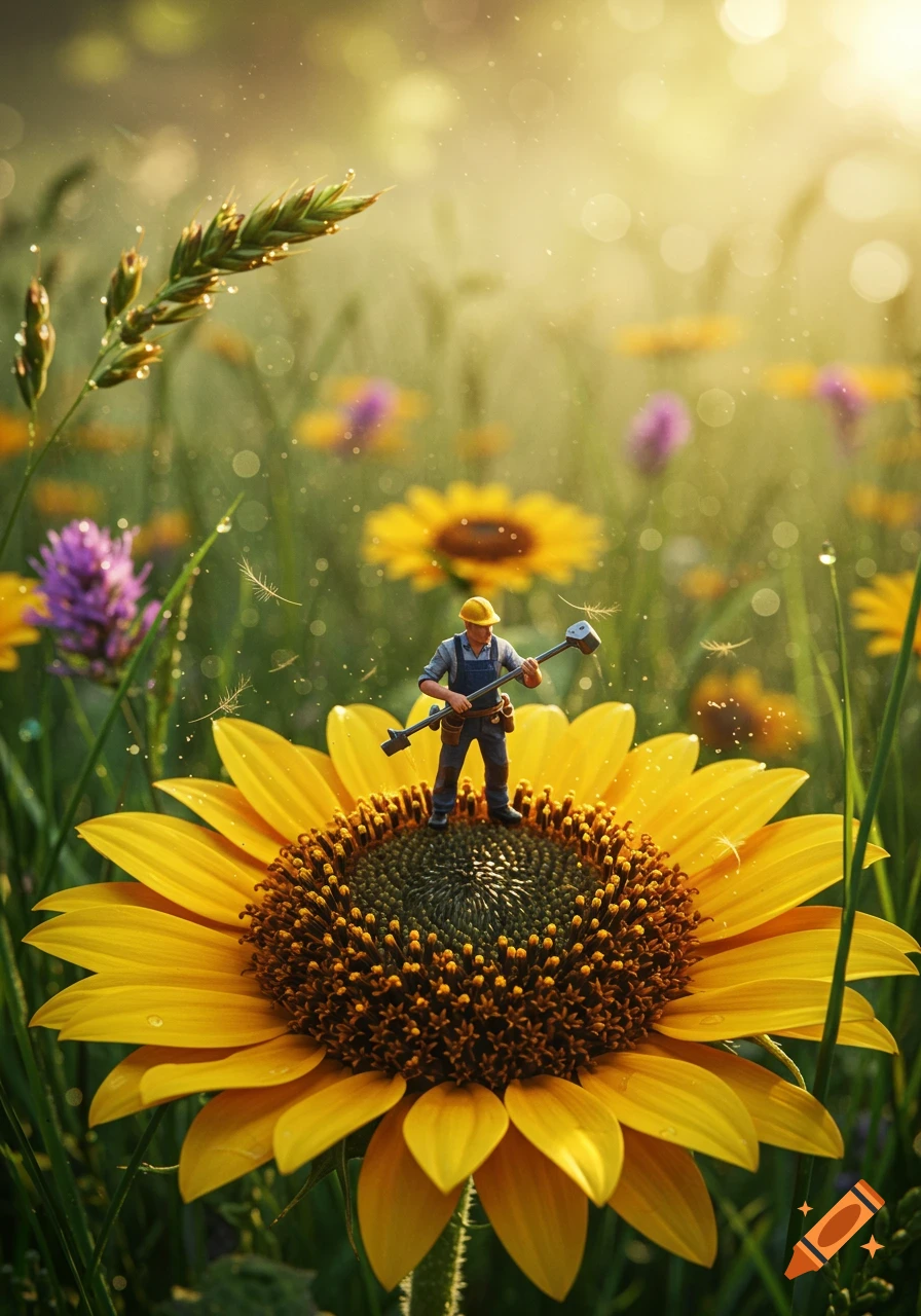 A tiny construction worker stands on a giant sunflower in a vibrant, sunny field, with other flowers and grass in the background.
