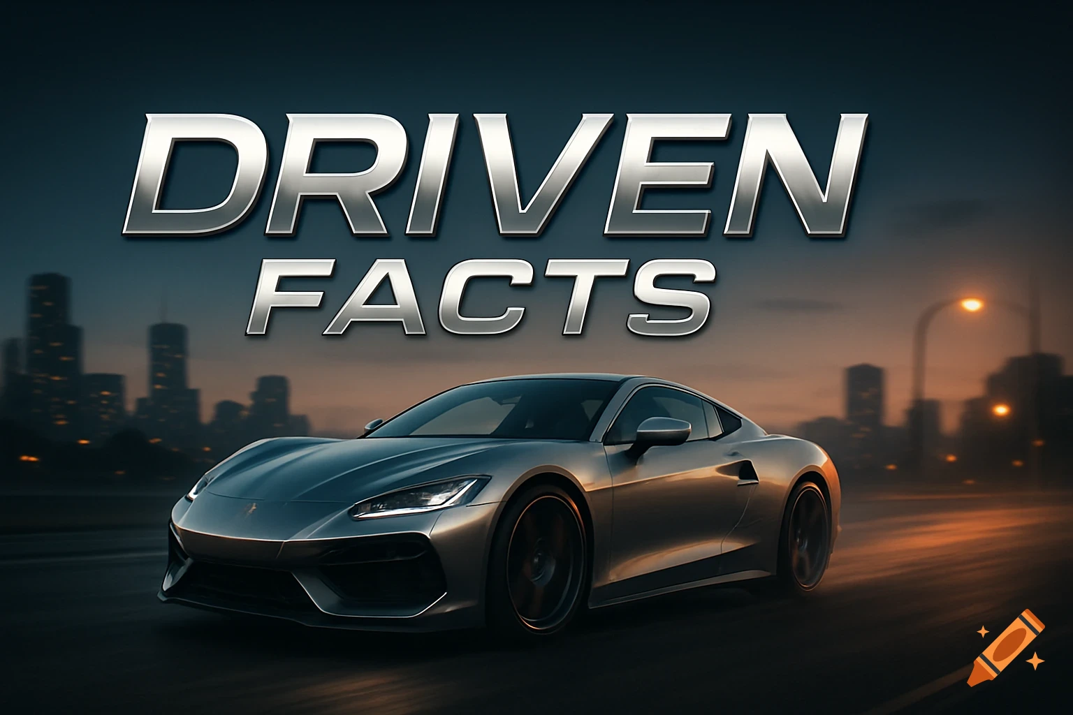 A sleek silver sports car on a road at dusk with city lights in the background. Large metallic text "DRIVEN FACTS" floats above it.